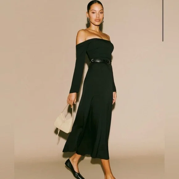 Reformation Ballari Black Linen feel Off-Shoulder Cocktail Dress with Slit - Picture 2 of 4